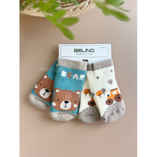 Комплект махрових шкарпеток Bear, молочні + зелені